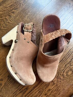 UGG Women's Tan Suede Braided-Strap Wooden Clogs